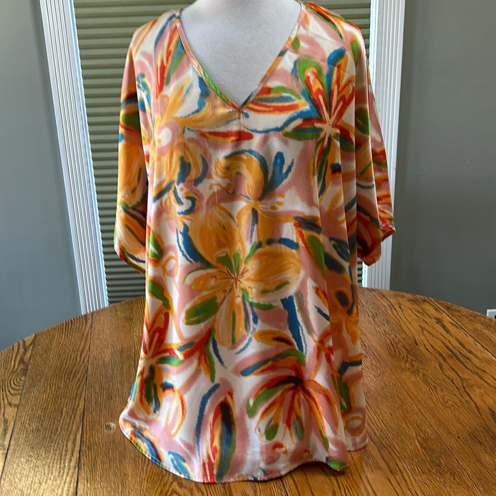 JODIFL orange and green tropical v-neck blouse. Excellent condition, Size Large